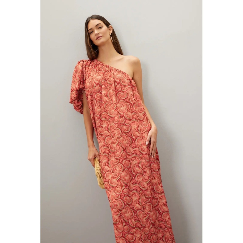Lobo Rosa Valeria One Shoulder Printed Maxi Dress Puff Sleeve Resort Dress Med